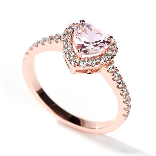 16. Jeulia Halo Heart Cut Synthetic Morganite Sterling Silver Ring