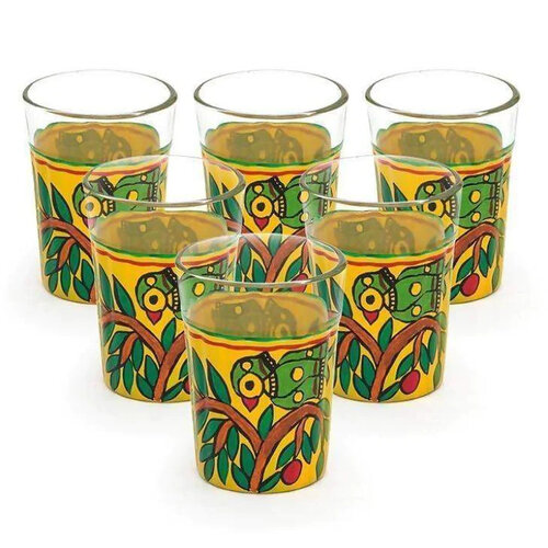 Hand Painted Yellow Set of Six Tea Glasses in Glass